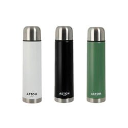 termos de acero inoxidable esmaltados en blanco, negro y verde, sobre fondo blanco
