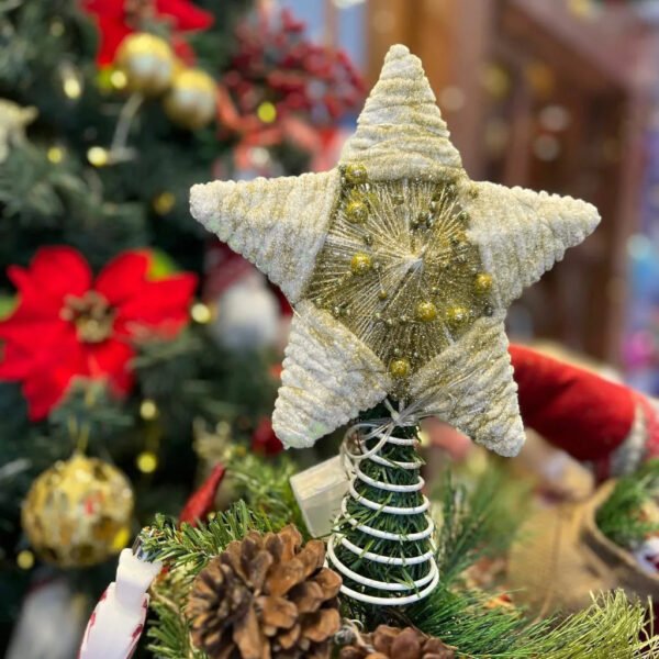 Puntal Estrella con cuentas doradas y luz 25cm