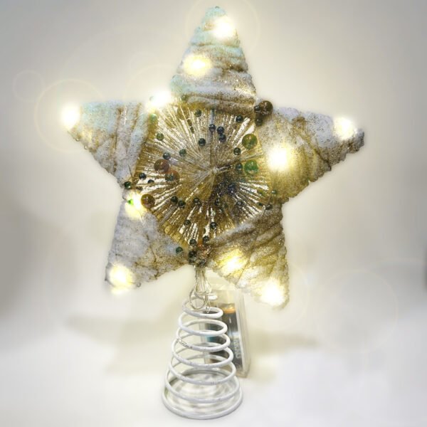 Puntal Estrella con cuentas doradas y luz 25cm