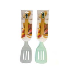 dos espátulas acanaladas color pastel de silicona con mango color madera