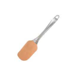 Espátula de silicona rosa pastel con mango de plástico transparente sobre fondo blanco