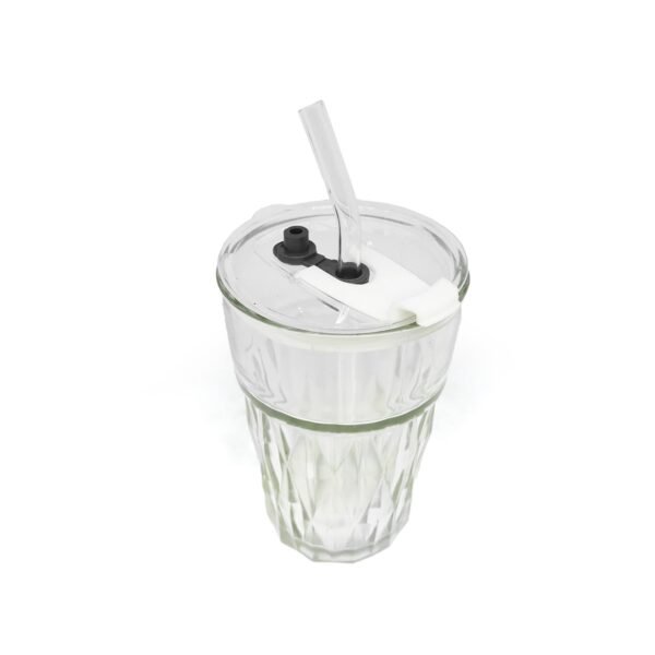 Vaso vidrio labrado color con tapa y sorbete 420ml