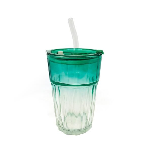 Vaso vidrio labrado color con tapa y sorbete 420ml