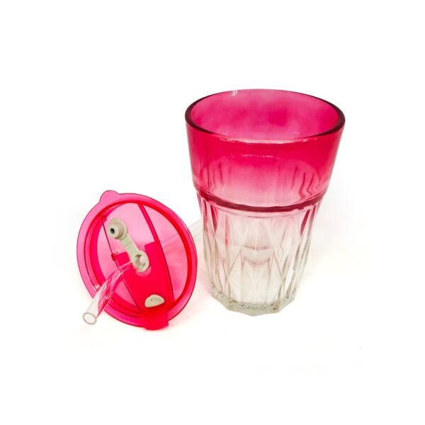 Vaso vidrio labrado color con tapa y sorbete 420ml