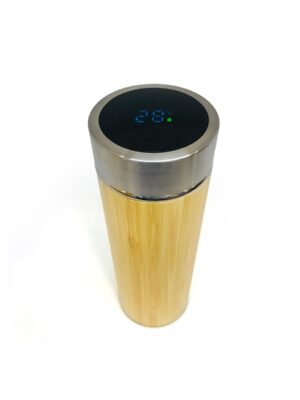 Botella madera y acero con sensor de temperatura con fondo blanco