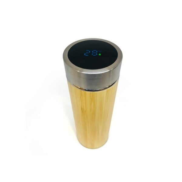 Botella madera y acero con sensor de temperatura con fondo blanco