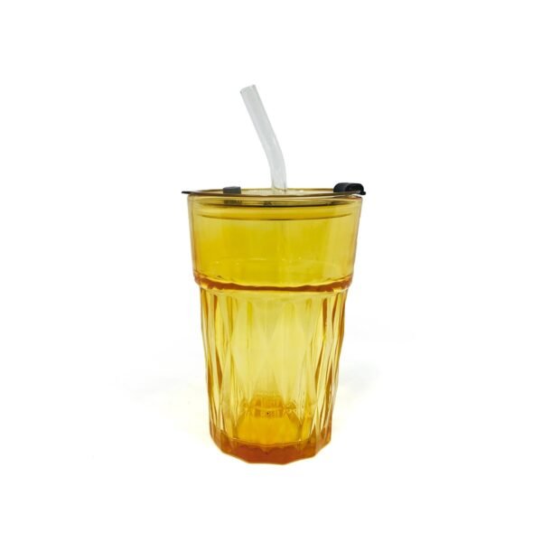 Vaso vidrio labrado color con tapa y sorbete 420ml