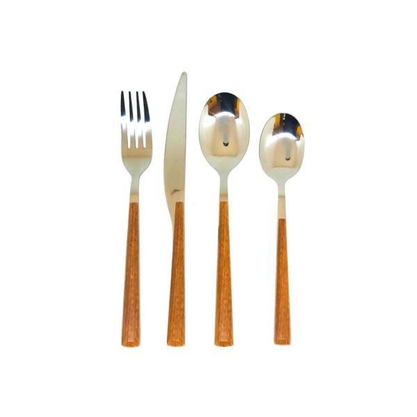 Set x4 cubiertos acero simil madera con fondo blanco