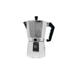 cafetera italiana acero 9 tazas con fondo blanco