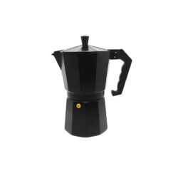 cafetera italiana 9 tazas negra con fondo blanco