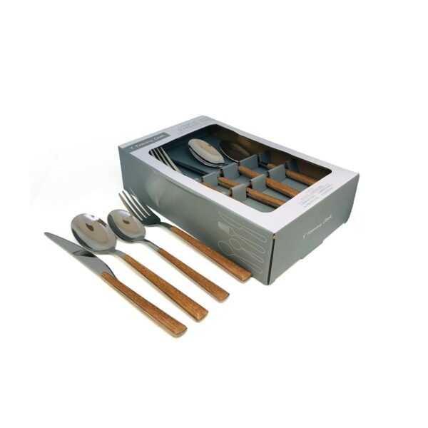 set x16 cubiertos simil madera con fondo blanco