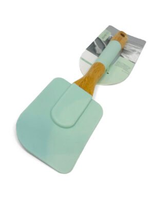 Espátula para cocina de silicona color pastel con mango de madera sobre fondo blanco