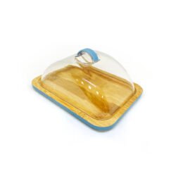 mantequera de bambú y tapa de acrílico con mango con detalles azules 15,5x11,5cm sobre fondo blanco