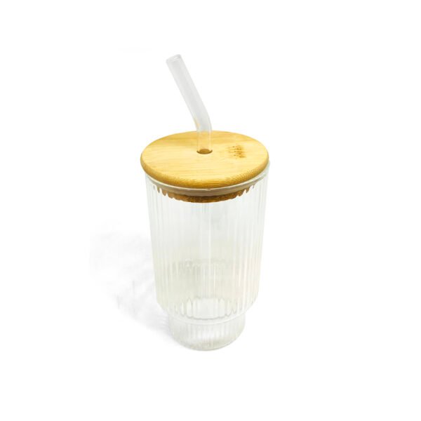 Vaso de vidrio acanalado de 14.5cml con tapa y sorbete