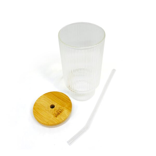 Vaso de vidrio acanalado de 14.5cml con tapa y sorbete