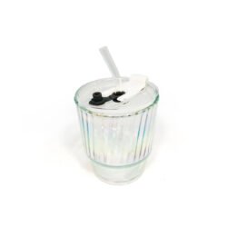Vaso de vidrio tornasolado rayas con tapa y sorbete 420ml