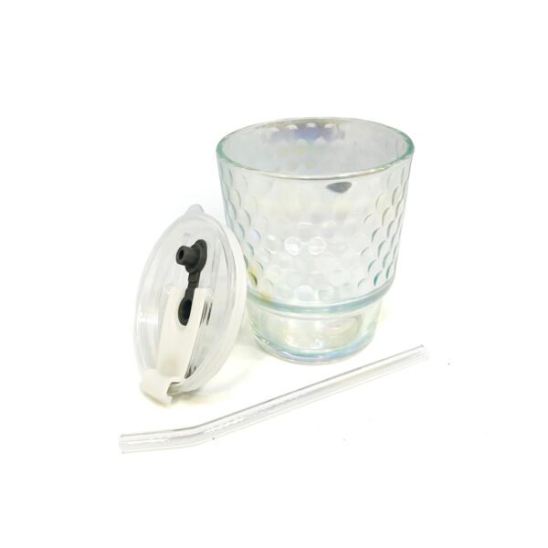 Vaso de vidrio tornasolado círculos con tapa y sorbete 420ml