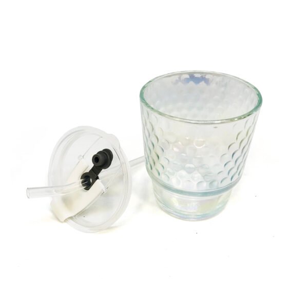 Vaso de vidrio tornasolado círculos con tapa y sorbete 420ml