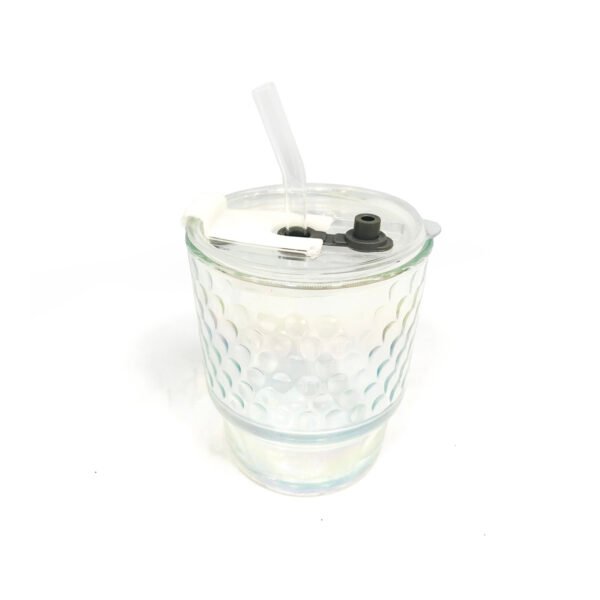 Vaso de vidrio tornasolado círculos con tapa y sorbete 420ml