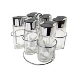 Especiero de Vidrio x6 Frascos con Tapa Plastica y Soporte de Metal