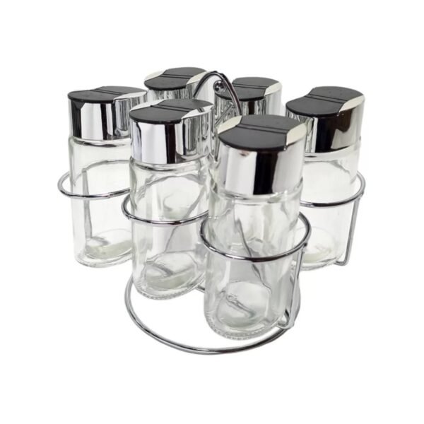 Especiero de Vidrio x6 Frascos con Tapa Plastica y Soporte de Metal
