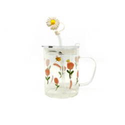 Taza de vidrio estampa y tapón de sorbete de flores