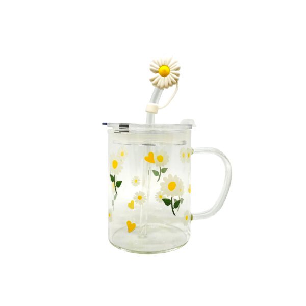 Taza de vidrio estampa y tapón de sorbete de flores