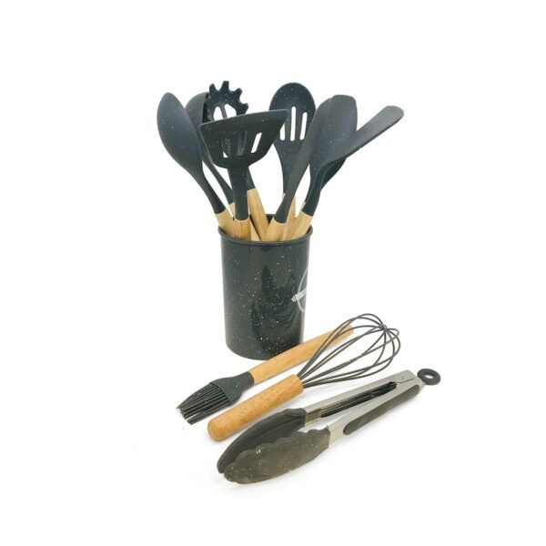 Set x12 utensilios con mango de madera y punta de silicona color