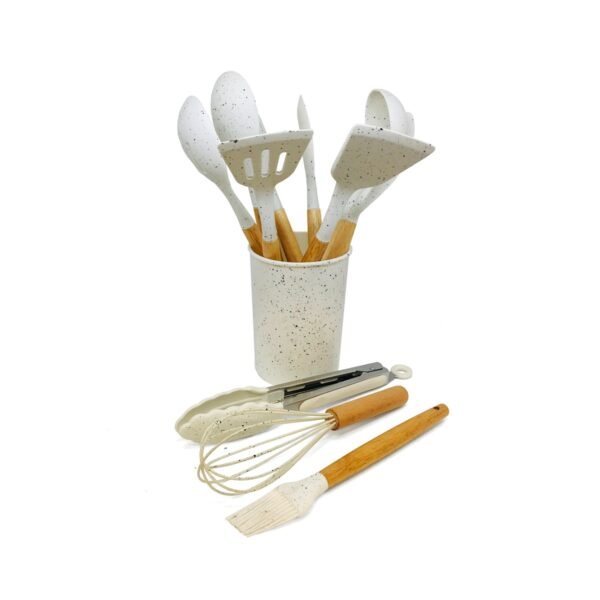 Set x12 utensilios con mango de madera y punta de silicona color