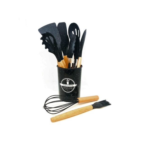 Set x12 utensilios con mango de madera y punta de silicona color