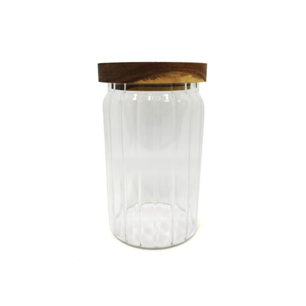 Frasco organizador hermético vidrio rayado con tapa madera 15,5cm