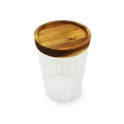 frasco vidrio tapa madera cierre hermetico 15,5cm con fondo blanco