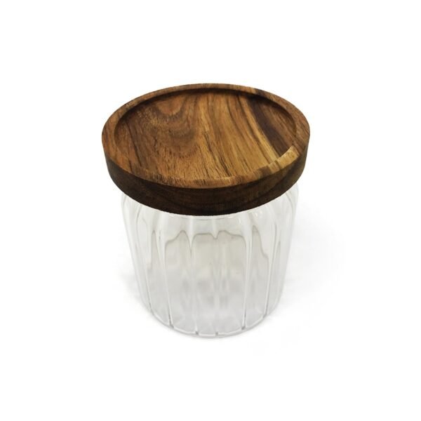 frasco vidrio hermetico tapa madera 10,5cm con fondo blanco