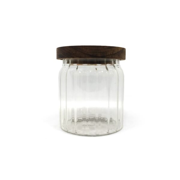 Frasco organizador hermético vidrio rayado con tapa madera 10,5cm