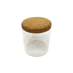 frasco tapa madera vidrio 10,5cm con fondo blanco