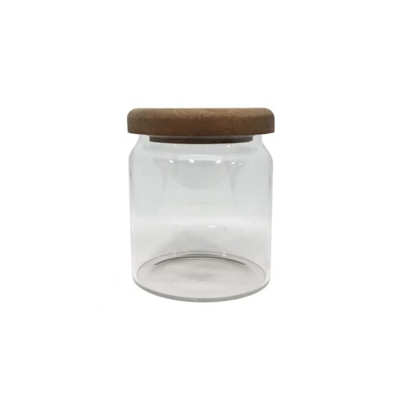 Frasco organizador hermético vidrio liso con tapa madera 10,5cm