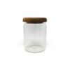 frasco vidrio tapa madera liso hermetico 12cm con fondo blanco