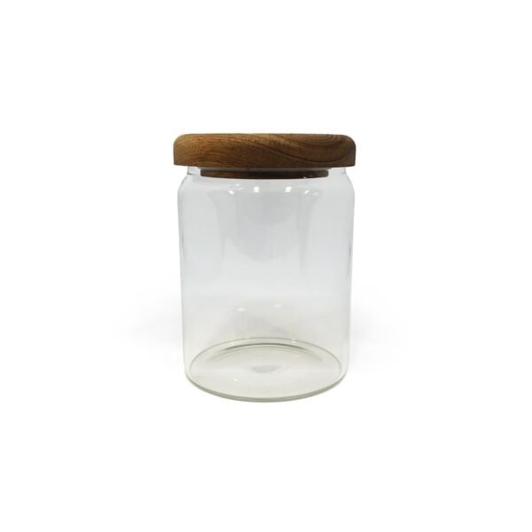 frasco vidrio tapa madera liso hermetico 12cm con fondo blanco