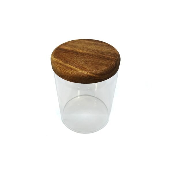 Frasco organizador hermético vidrio liso con tapa madera 12cm