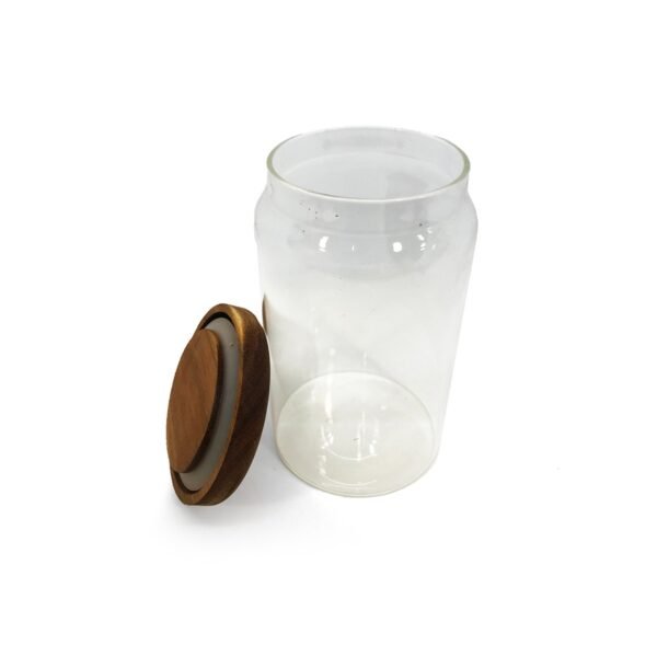 Frasco organizador hermético vidrio liso con tapa madera 15cm