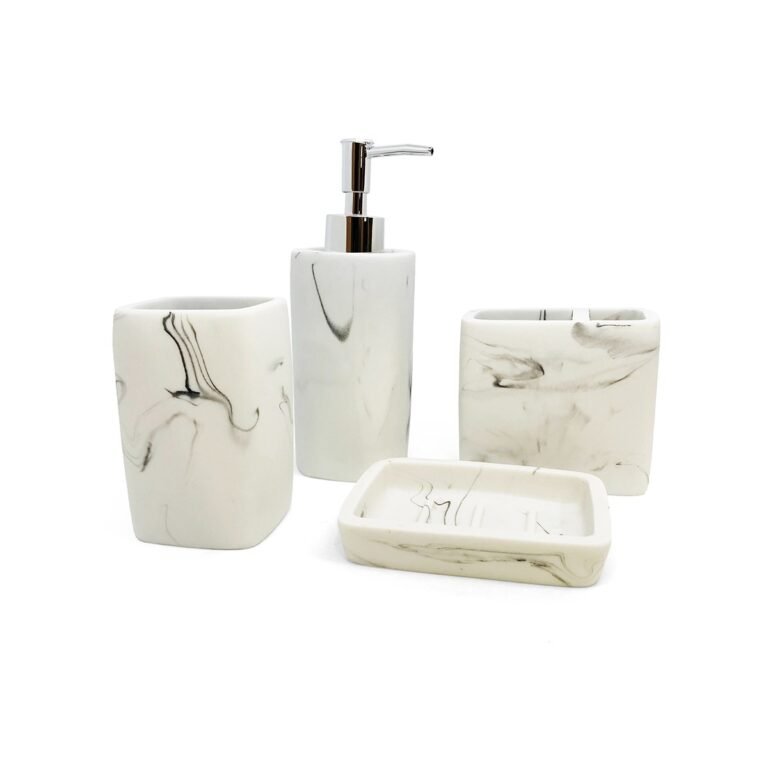set de baño x4 piezas resina simil marmol con fondo blanco