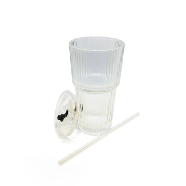 Jarro de vidrio con rayas con sorbete y tapa 450ml
