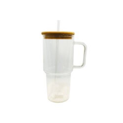 Vaso de vidrio con sorbete y tapa de bambú 1.3ltrs