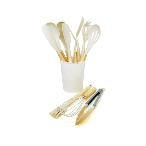 Set x11u utensilios con mango de madera y punta de silicona color