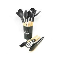 Set x11 utensilios con mango de madera y punta de silicona color