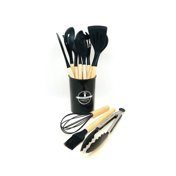 Set x11u utensilios con mango de madera y punta de silicona color