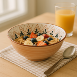 bowl de cerámica con cereales y frutas en sobre una servilleta roja