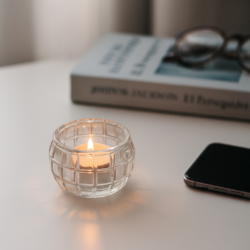 candelabro sobre mesa de luz con ligro anteojos y teléfono celular