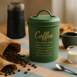lata para café color verde oliva sobre mesa con mantel con granos de café y molinillo