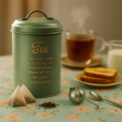 lata de té verde olica sobre mantel floreado u taza de té e infusor